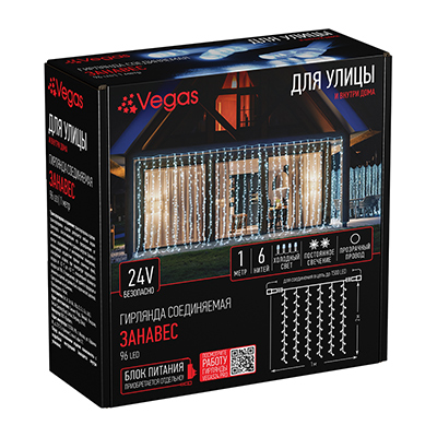 VEGAS 24V Эл гирлянда-конструктор &quot;Занавес&quot; 1*2 м, 96 холодных LED, 6 нитей, прозрачный провод